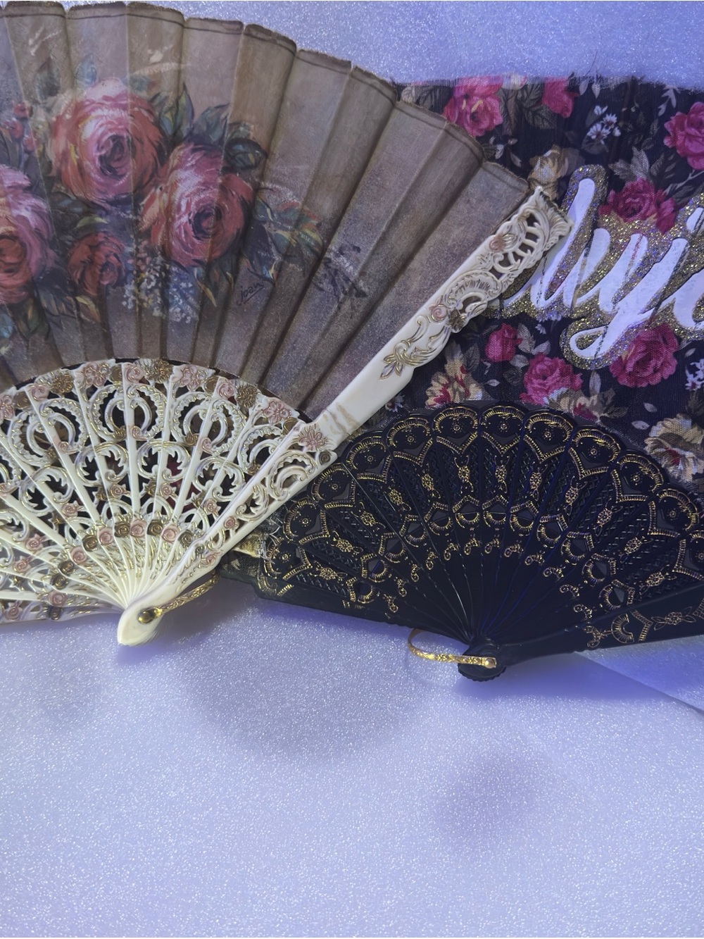 2 Vintage Handheld Fans-1 Elegant Floral - 1 BlackGold Pink Folding Fans